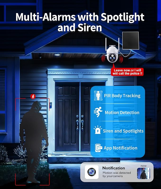 Dual-Lens Solar Security Cameras Wireless Outdoor, 10x Zoom to See Further 360 PTZ WiFi Camera for Home Security with Color Night Vision, AI Body Detection, 2-Way Audio, Spotlight Siren Alarm