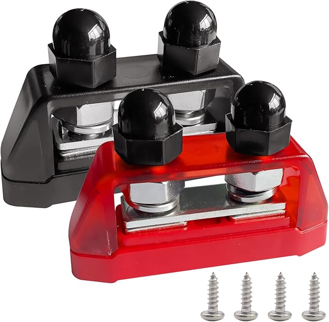 Ampper 3/8" Power Distribution Block Bus Bar 12V 250A, Dual Studs M10 Busbar Battery Junction Post Distribution Block for Car and More (W/Cover, Red and Black)