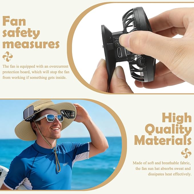 Berlune Men Sun Hat with 2 Solar Fans Wide Brim Outdoor Fishing Hat USB & Solar Powered for Sun Protection Camping Hiking