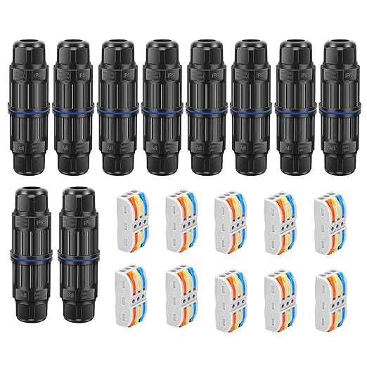 Linkstyle 10PCS Waterproof IP68 Junction Box, Outdoor 3 Way Electrical Cable Connector, with Replaceable Lever Wire Connectors for AWG 28-12 Gauge Wire 3 in 3 Out Quick Terminal