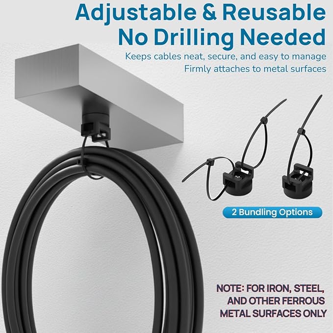 225 Pieces Magnetic Cable Ties Set, 25 Magnetic Zip Tie Mounts with 200 Cable Ties, Strong Wire Holder Cables Management, Multipurpose Electrical Cord Holders Organizer (22mm)