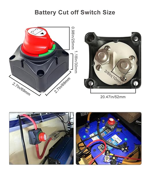 Battery Switch Disconnect, 12V-48V Power Shut Off Master Isolator Kill Switch with 4AWG-3/8 Ring Terminals Heat Shrink for Marine RV Camper Trailer Boat Car Automotive Replacement