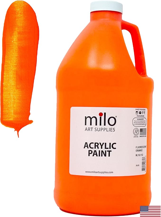 milo Fluorescent Orange Neon Acrylic Paint | 64 oz Bottle Half Gallon | Glows UV in Black Light | Non-Toxic Made in USA | Bulk Art Paint for Party, Student, Classroom, Artist