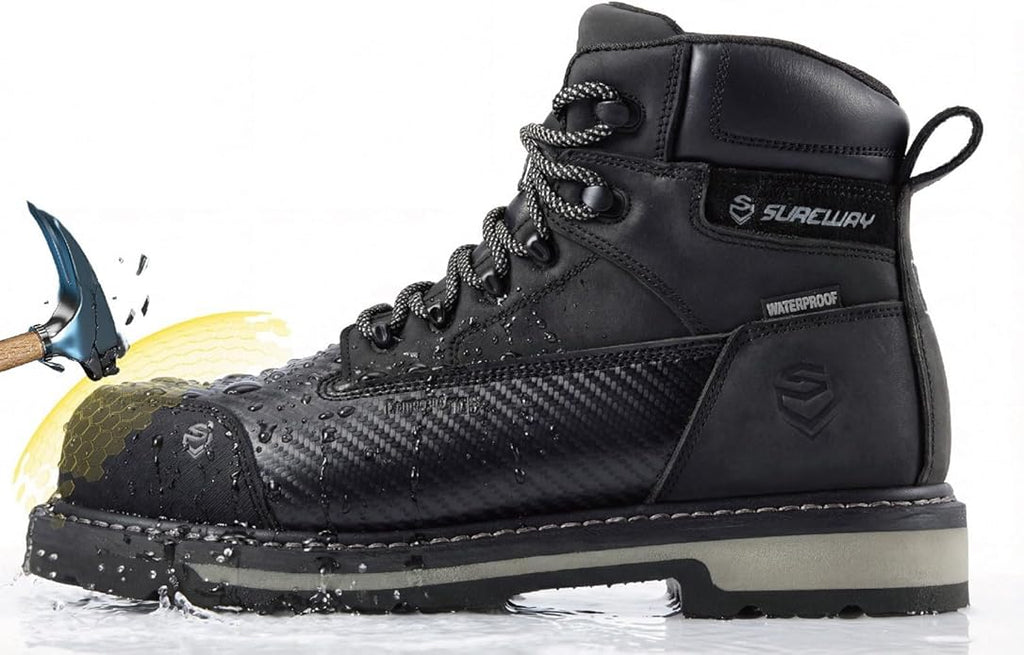 SUREWAY Men's 6" Waterproof Soft/Composite Toe Work Boots - Crazy Horse Leather Safety Shoes,GoodyearWelt Slip Resistant EH Rated Heavy Duty Construction Boots for Industrial, Roofing, Landscaping
