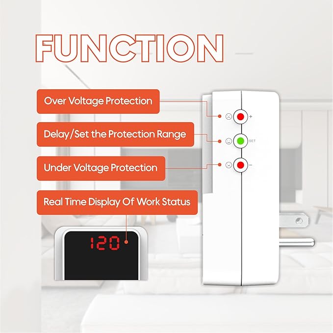 BXST 140J Surge Protector Voltage Protector One Outlet Plug Surge Protector for Refrigerator/Air-Conditioner/Fridge, Home/Office/Travel Portable LED Display Screen, Adjustable,120V, 15A, 1800W