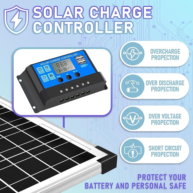 Solar Panel Kit 20W 12V Monocrystalline,Battery Maintainer +10A Solar Charge Controller + Extension Cable with Battery Clips O-Ring Terminal for RV Marine Boat Off Grid System