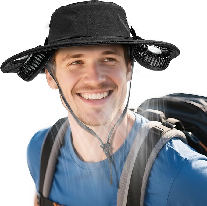 Cooling Sun Hat with Fan Rechargeable, UPF50+ Bucket Hat, 8-16H Neck Fan Hat for Camping Beach Essentials, Gift for Men Women