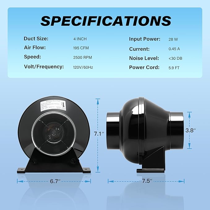 HealSmart 4 Inch 195 CFM Exhaust Inline Duct Fan Quiet Vent Booster Blower for Indoor Grow Tent Hydroponics Ventilation, Black