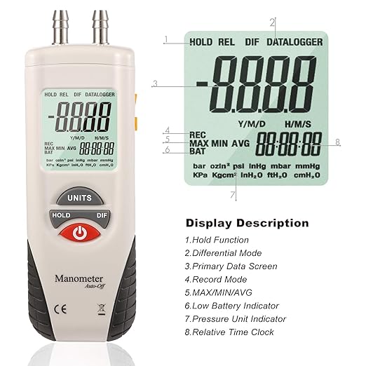 Digital Manometer, Dual Port Air Pressure Meter Pressure Gauge HVAC Gas Tester, Differential Pressure Manometer with 5/16 Inches Diameter Pressure Port, Hti-Xintai