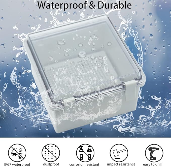 Junction Box, Hinged Clear Cover IP67 Waterproof ABS Project Box with 2 NPT 1/2" Cable Gland, Electrical Box Enclosure with Mounting Plate & Wall Bracket 5.9 x 5.9 x 3.5inch(150x150x90mm)