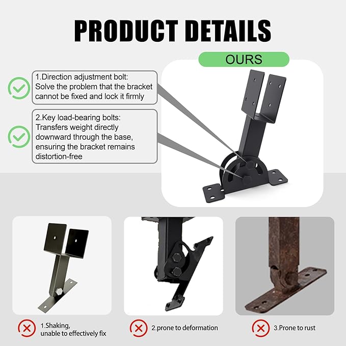 2x4 Heavy Duty Roof Riser Brackets Kit 3 Pcs, Adjustable Angle Pergola Support Brackets Black Powder-Coated Patio Roof Lift Brackets Suitable for Patio Gazebos/Pergolas
