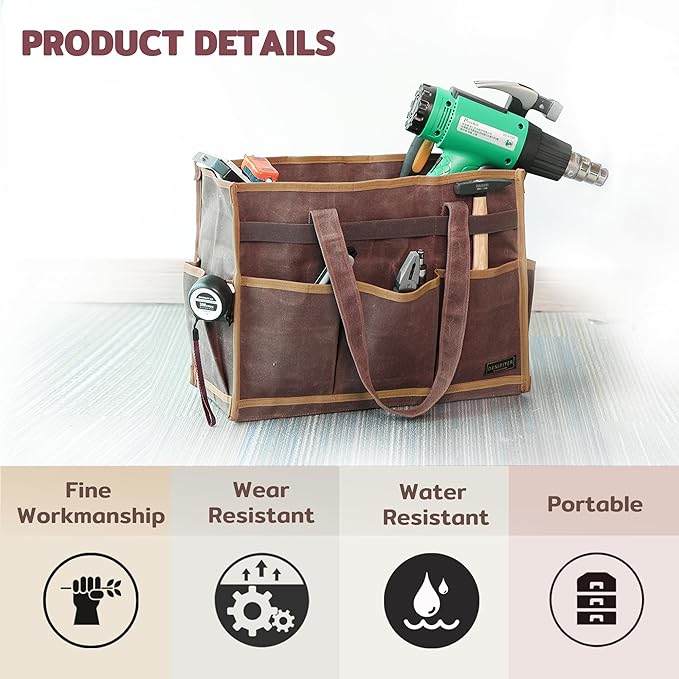 Tool Bag, Heavy Duty 16oz Waxed Canvas Water-Resistant Tool Pouches, Tool Tote with Handle for Tools, Wrenches, Screwdrivers (16.5 X 7 X 12 inch) | Brown