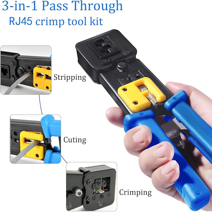 PETECHTOOL RJ45 Crimp Tool Cat6 Cat5e Cat5 Ethernet Crimper Kit for RJ45 RJ12/11 Pass Through Connectors with 50pcs rj45 Cat6 Pass Through Connectors, 50pcs Covers, Wire Stripper; Network Cable Tester