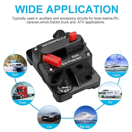 Generic 50 Amp Waterproof Circuit Breaker,Fuse Holder,Audio Circuit Breaker,with Manual Reset,12V-48V DC,30A-300A,for Automotive Marine Boat Audio System Current Overload Protection