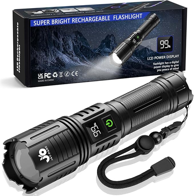 JAY-PARK Rechargeable Flashlights 10000 Lumen, LED Flashlight with Digital Power Display and Zoomable, Flashlights High Lumen Super Bright Long Distance for Camping, bushcraft, Outdoor