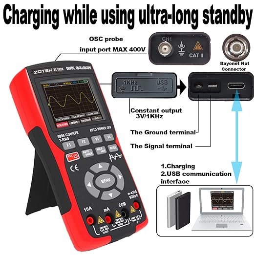 ZT-702S 2-in-1 Oscilloscope Multimeter with 2.8 Inch IPS Display,9999 Counts, Single Channel 10MHZ Bandwidth,48MSa/s High Real-time Sampling Rate,±400V Input Voltage,Measures Ohm-Volt-Tester