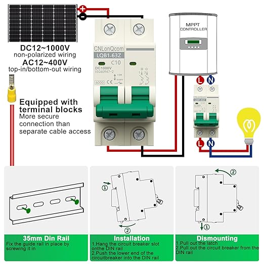 DC Miniature Circuit Breaker 10 Amp Solar Disconnect Switch DC1000V AC400V 2P MCB for PV, UPS, RV Battery, DIN Rail Mount