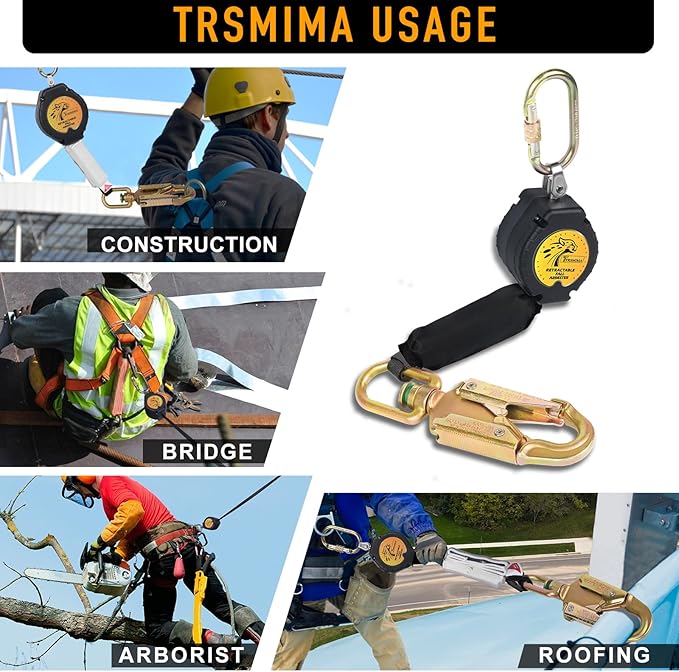 TRSMIMA Fall Protection Retractable Lanyard - 10FT Construction Self-Retracting Lanyard Fall Arrest Safety Roofing Carbineer Swivel Top Steel Snap Hook