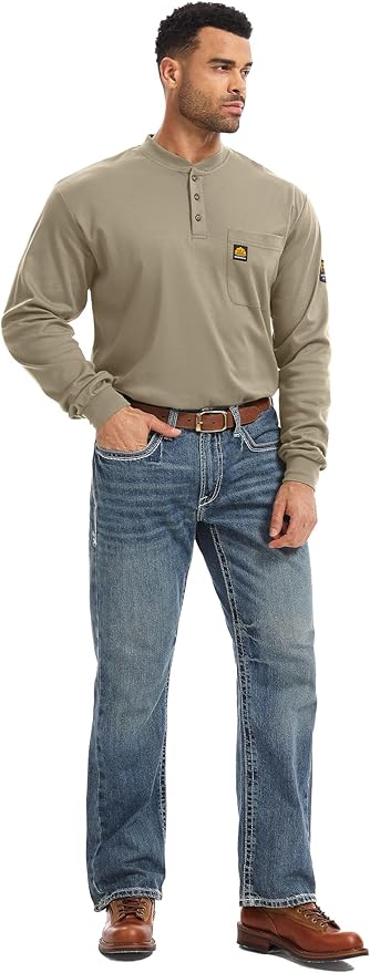 WORKWEYA 6.5oz Flame Resistant Henley Shirt 100% Cotton Lightweight FR Shirts for Men