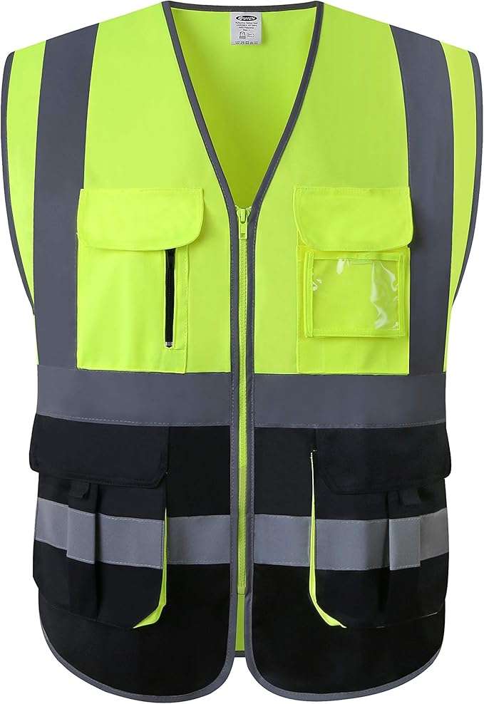 JKSafety 7 Pockets High Visibility Zipper Front Safety Vest With Reflective Strips.Meets ANSI/ISEA Standards (130-Yellow-Black XL)