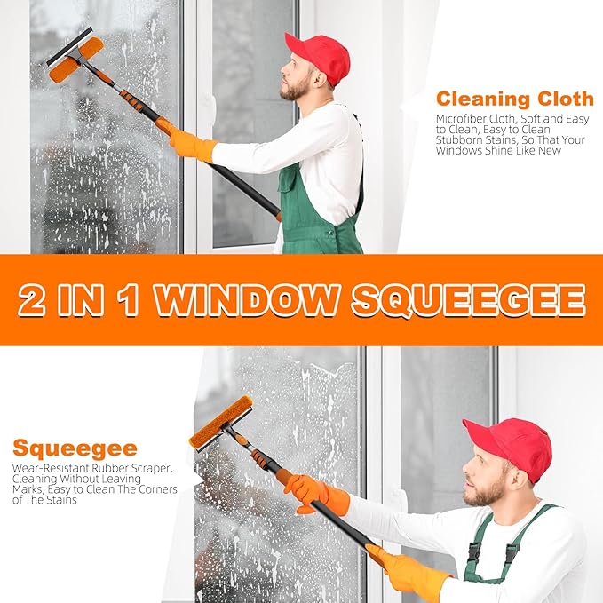 36FT Reach 2-in-1 Window Squeegee, Professional Window Washing Kit with 7-30FT Extension Pole for Home, Indoor Outdoor Squeegee with Rotatable Head for High Windows