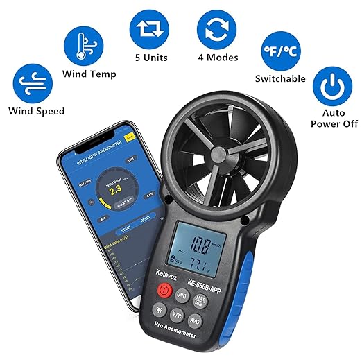Bluetooth Digital Anemometer, Kethvoz Handheld Wind Speed Meter with Data Logger Measure Air Flow Velocity 0.3~30m/s for Drone Hunting Shooting HVAC Dust Collector