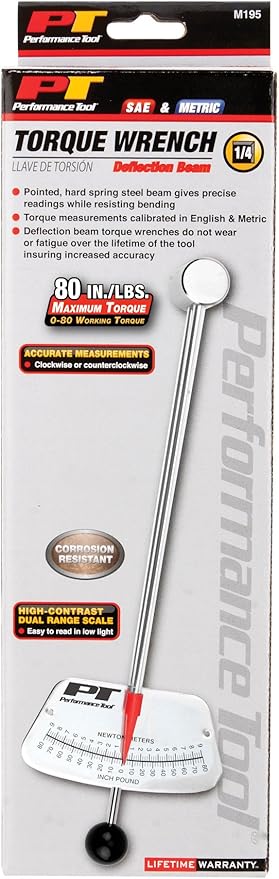 Performance Tool M195 1/4-Inch Drive Torque Beam Wrench - 0-80 inch/lbs | Ball Handle | Accurate Torque Measurement
