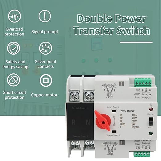 Automatic Transfer Switch, 100A 220V 2P Mini ATS, Din Rail Mounted, Electrical Type Power Toggle Controller