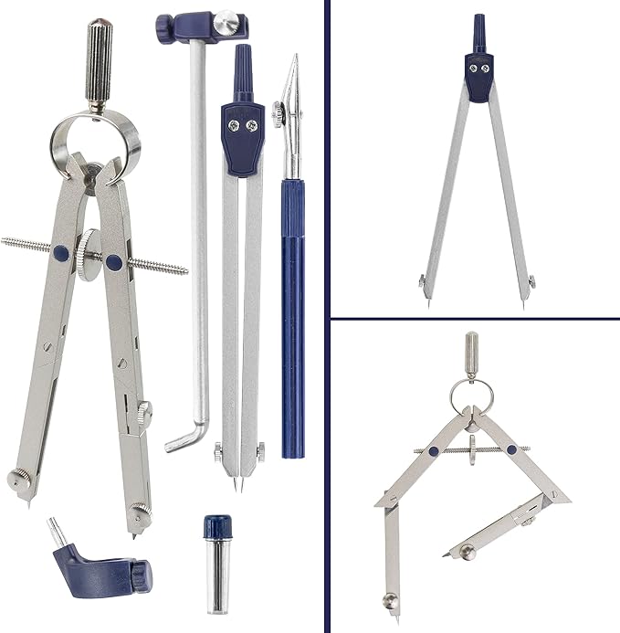 Pacific Arc Spring Bow Compass with Extension bar, ruling Pen, 6 inch Divider, Universal Adaptor, 6 inch Break Leg, and Replacement Lead.