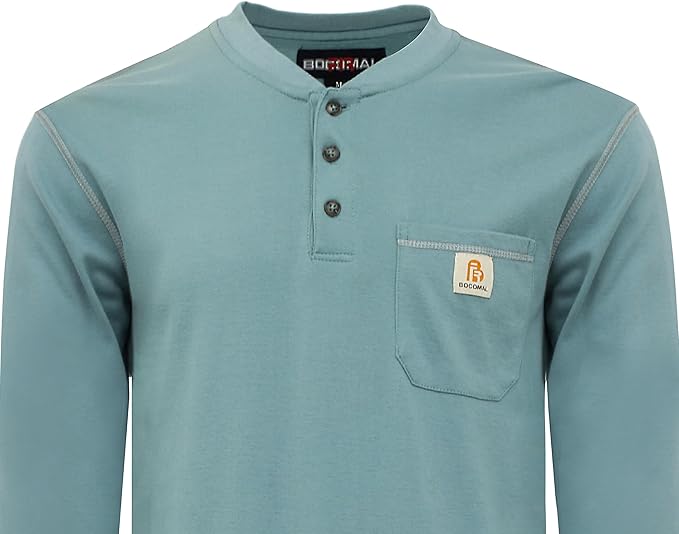 BOCOMAL FR Shirts for Men 5.5oz Lightweight Long Sleeve Work Henley Fire Resistant Shirt CAT2