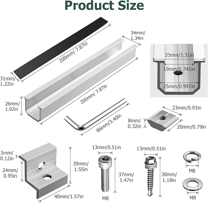 JiGiU 6PCS Solar Panel Mounting Bracket Kits with 7.87 in Aluminium Solar Panel Mounting Rail 30mm/35mm Solar Panel End Clamps Solar Panel Z-Bracket for Metal Roof, Tin Roof, Flat Roof, Sheet Roof