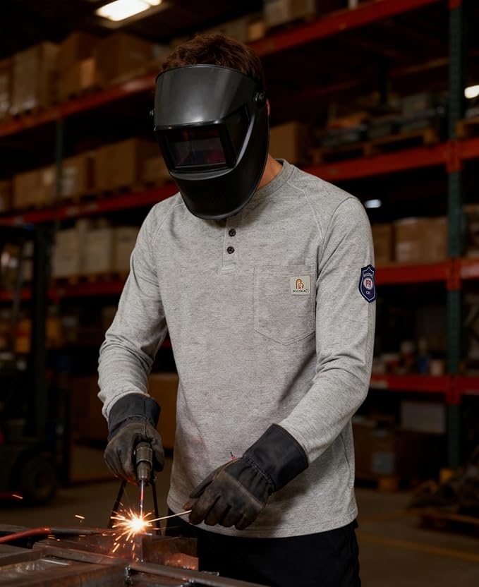 BOCOMAL Men's FR Henley Shirt Flame Resistant 5.5oz Cotton Long Sleeve Workwear UL NFPA2112 CAT2 Welding Tee