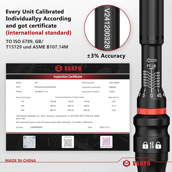 VANPO Torque Wrench 3/4-Inch Drive 100-650 Ft-Lb Heavy Duty Click Type for Fleet Maintenance, Semi Truck, Industrial Equipment - TPR+ABS Handle, ±3% Precision, 45-Tooth Ratchet,with Portable Case