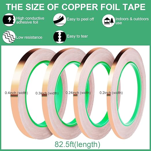 LOVIMAG Copper Foil Tape, Conductive Copper Tape 4 Sizes (0.2/0.24/0.3/0.4Inch) x82.5FT, Copper Tape Conductive Adhesive for Stained Glass Supplies, Guitar and EMI Shielding, Electrical Repairs.