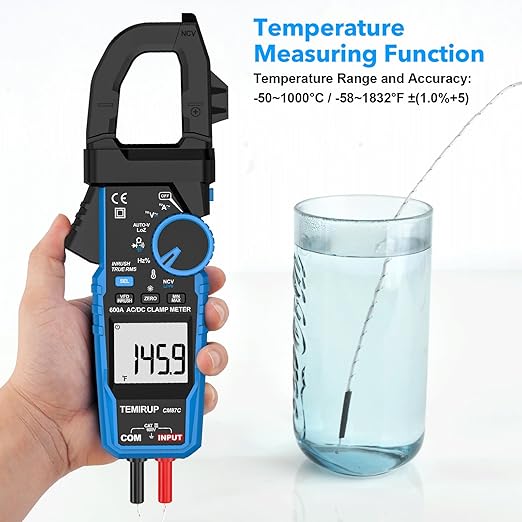 Digital Inrush Clamp Meter Multimeter, TEMIRUP T-RMS 6000 Counts 600A Current Amp Volt Meter with VFD,LOZ Mode; Measures NCV AC/DC Current Voltage Temperature Resistance Capacitance Continuity