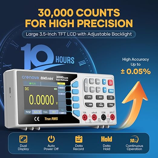 Crenova 30000 Counts True RMS Digital Multimeter, Desktop Bench Multimeter for Lab & Industrial Use. USB Data Logging, CAT II 600V. Measures Voltage, Current, Resistance, Capacitance, Temperature.