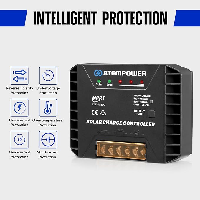 ATEM POWER 20A 12V/24V MPPT Solar Charge Controller Selecting Battery Type Activate Lithium Battery Intelligent Solar Controller Compatible with Lead Acid, AGM, Gel, Calcium and LiFePO4 Battery