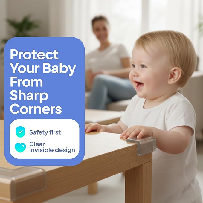 12-Pack Baby Proof Corner Protectors, Clear Furniture Safety Bumpers, Soft Rubber Foam Cushion Guards with Pre-Applied Adhesive, Child Proofing Pads for Tables, Cabinets, Desks, Glass Surfaces