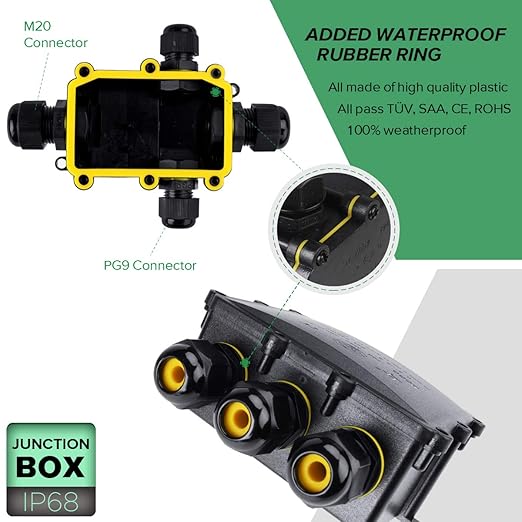 4 Way Electrical Junction Box, La Vane IP68 Waterproof 4 Way Cable Connector Lighting Connector Electric External Coupler, Cable Gland Ø 5-12mm