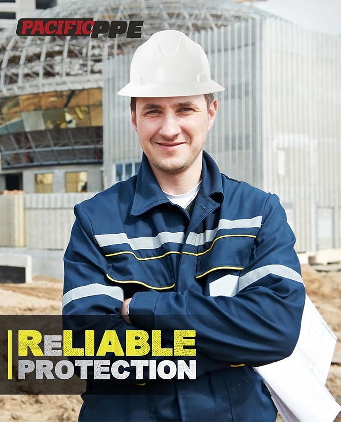PACIFIC PPE Full Brim Hard Hat, OSHA Construction Safety Helmet Certified to ANSI Z89, 4 Point Adjustable Ratchet Suspension, Class E, G & C, White