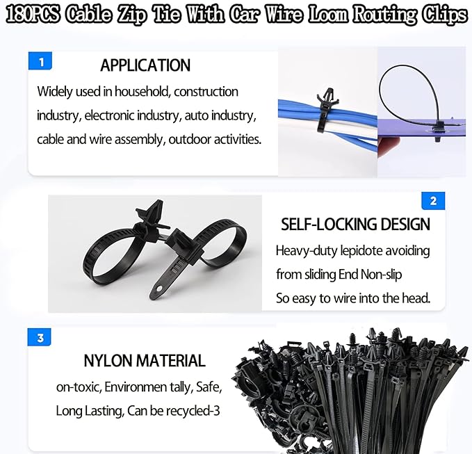 180pcs Push Mount Cable Zip Tie with Car Wire Loom Routing Clips,Fastening Cable Clips For Organizing Cables And Cords,Car Clips Contains 7 Sizes Universal Compatible with GM Ford Trucks Cars UTV