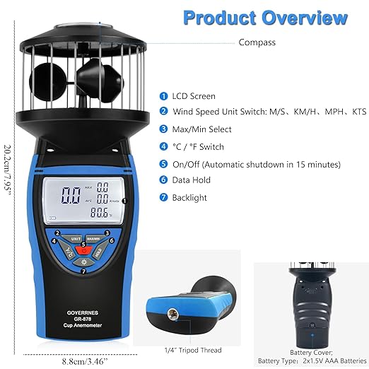 Handheld Cup Anemometer with Compass, 93MPH Digital Wind Speed Meter, CFM Air Flow Wind Velocity Measuring Device Gauges for Outdoor Sailing Surfing Drone Flying HVAC