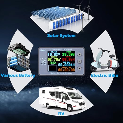 DROK Digital Multimeter, DC 8-100V 100A Battery Monitor 12V 24V 36V 48V 60V Volt Amp Watt Meter, Big Color Screen LCD Display Capacity Time Power Voltmeter Ampmeter for RV Solar Panel Battery Charge