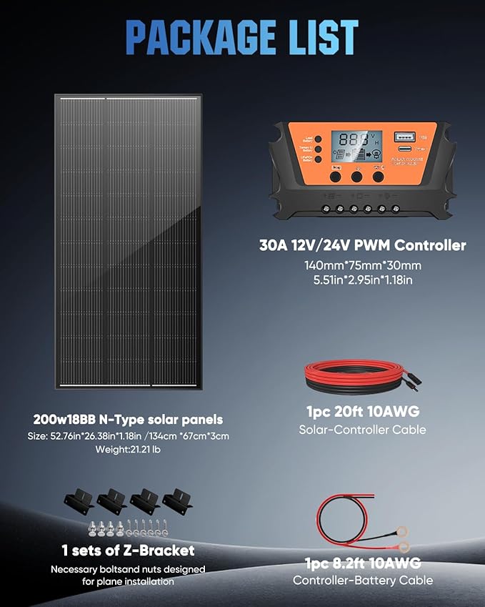 200 Watt Solar Panel Kit, 18BB 200W N-Type Solar Panels 25% Efficiency, 30A Charge Controller, 10AWG Solar Cable and Tray Cable, Black Z Brackets Boat, Camper