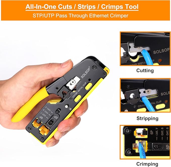 Solsop Pass Through RJ45 Crimp Tool Kit All-in-One Ethernet Crimper Cat7 Cat6 Cat5 Crimping Tool with Network Cable Tester, 50-Pack Cat6 RJ45 Pass Through Connector, 50-Pack Connector Boots