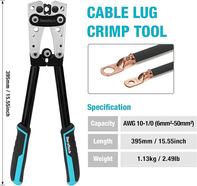 DURATECH Battery Cable Lug Crimping Tool with Wire Cutter-Wire Crimper Tools-AWG 10 8 6 4 2 1/0-Battery Terminal Crimper for Heavy Duty Wire Lugs, Copper Lugs