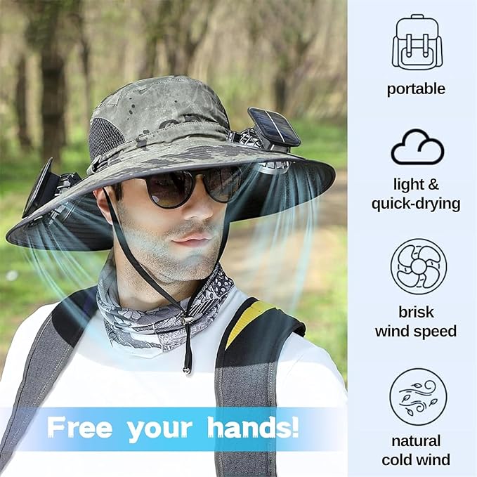 Men Women Wide Brim Sun Hats with 2 Solar Fan Waterproof Breathable Bucket Hat Outdoor Fishing Hat for Hiking Camping