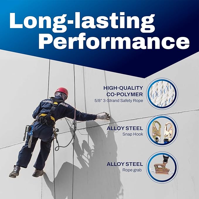 Palmer Safety Vertical Lifeline Assembly - 50FT Rope Harness Safety Lanyard with Rope Grab - Fall Protection Kit