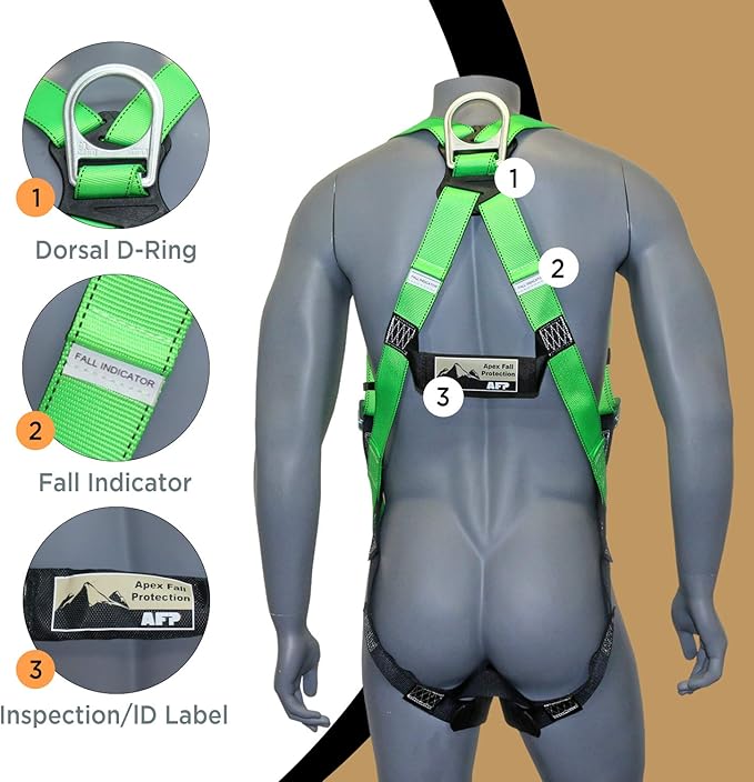 AFP Universal Full-Body Fall Protection Safety Harness with Dorsal D-Ring and Mating Buckle Legs | Roofer, Construction, Scaffolding PPE | High-Visibility Green | Shock Absorbing Lanyard (OSHA/ANSI)