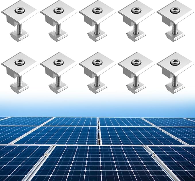 Anbte 10pcs Solar Panels Centre Clamps, Aluminium T-Shaped Mid Clamps 35mm Solar Panel Mounting Brackets Solar Mounting Rail Connector for Tin Roof, Flat Roof, Sheet Roof, Slvier